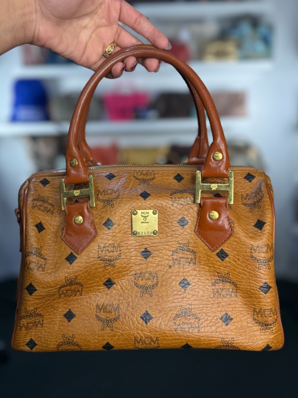 MCM Cognac Logo Heritage Visetos Satchel